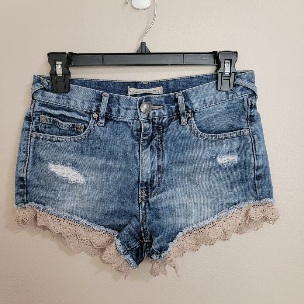 Free People Distressed Lace Denim Shorts Size 25
